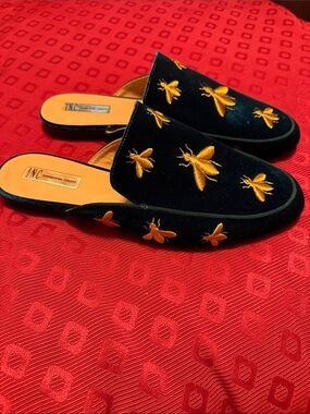 INC International Concepts Black Velvet Mules with Gold Bee Embroidery